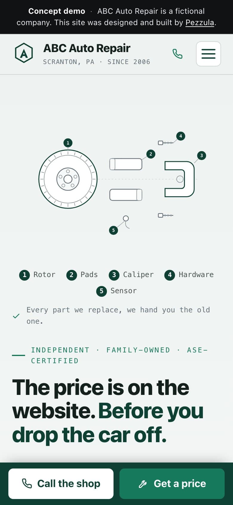 ABC Auto Repair — a auto repair shop website design concept by Pezzula — mobile view