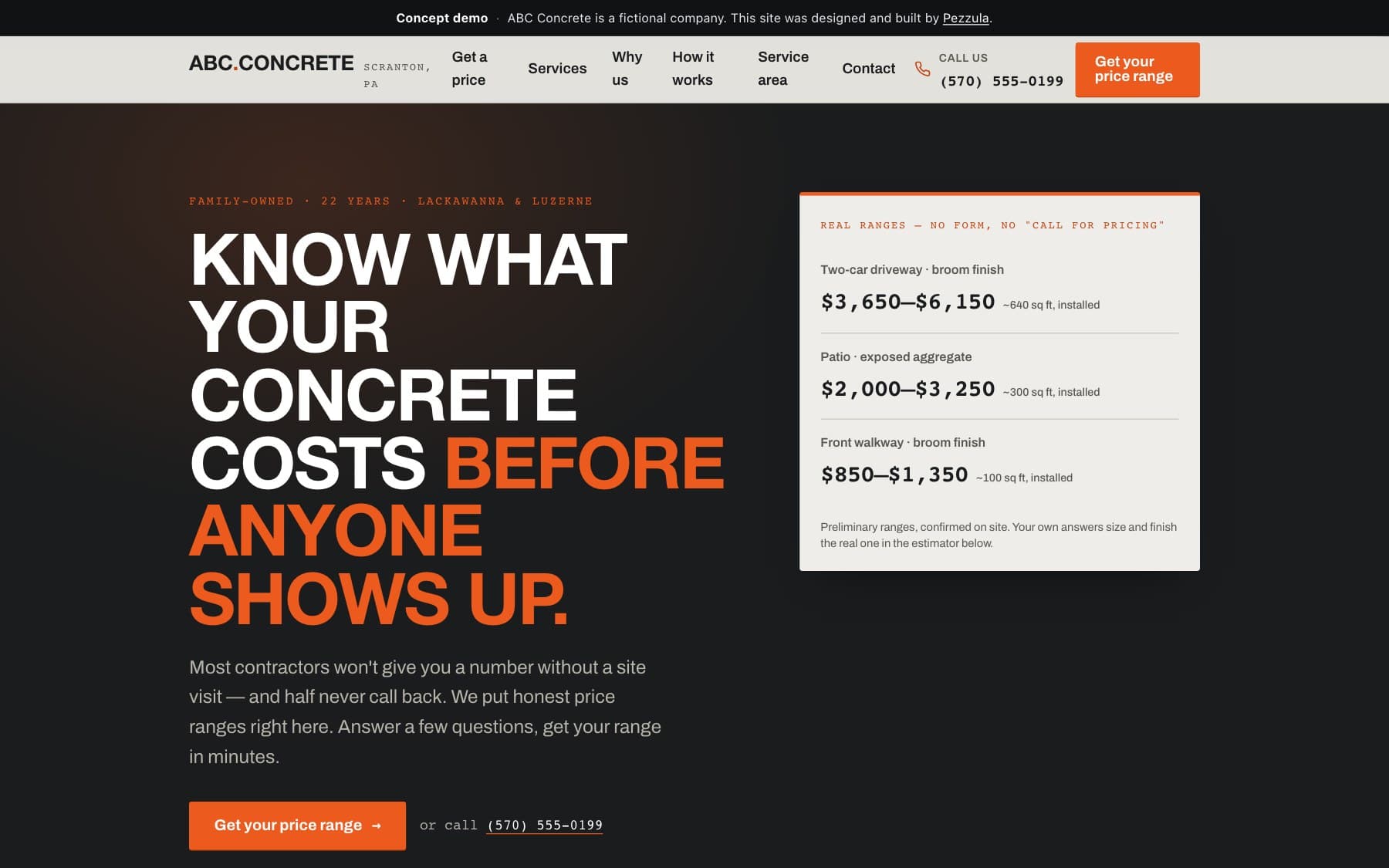 ABC Concrete — a concrete contractor website design concept by Pezzula