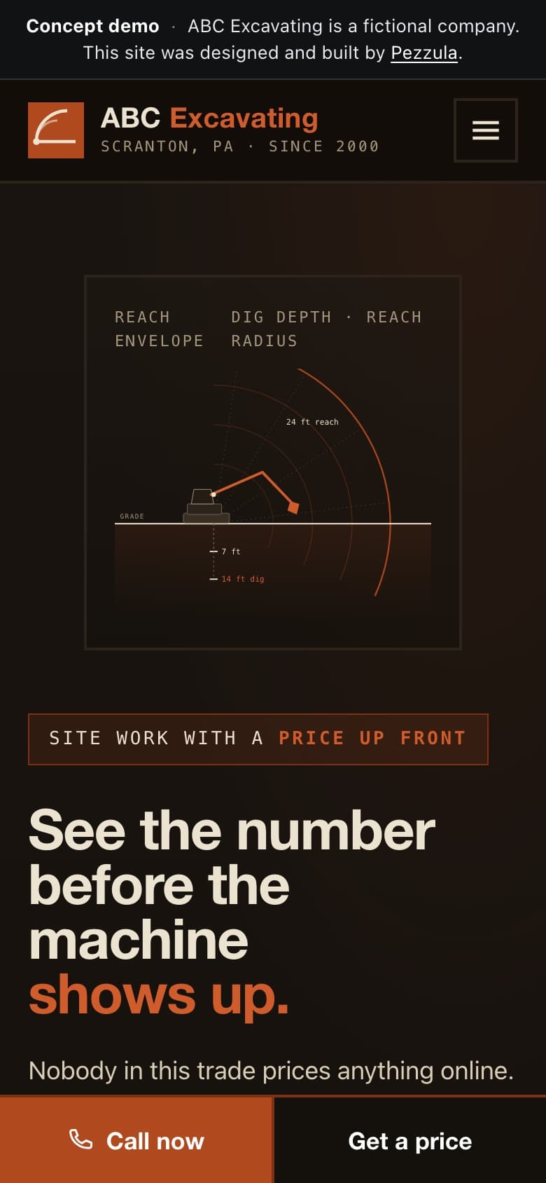 ABC Excavating — a excavation contractor website design concept by Pezzula — mobile view