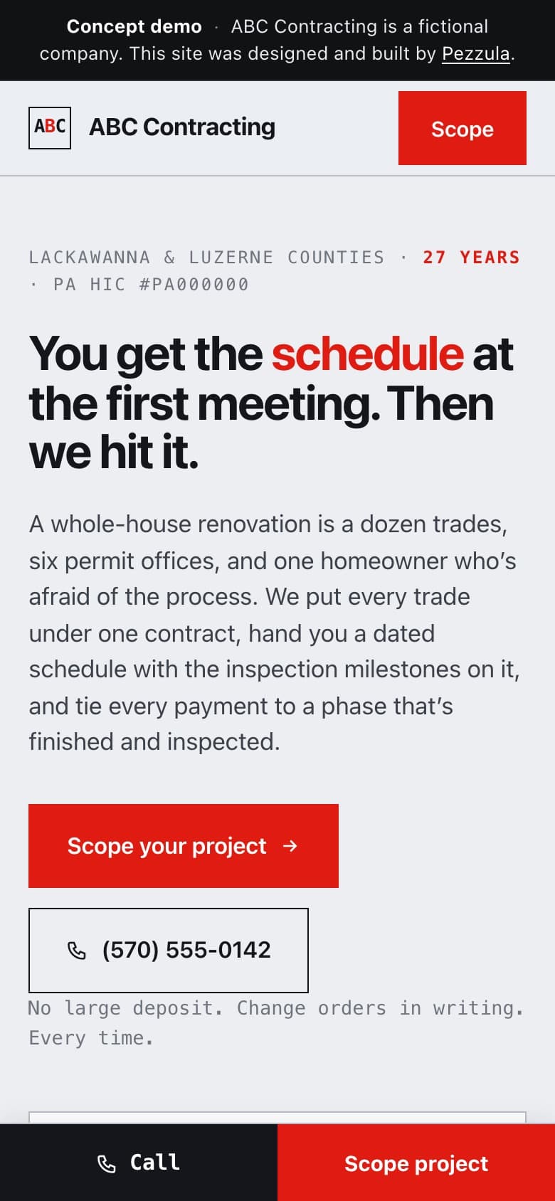 ABC Contracting — a general contractor website design concept by Pezzula — mobile view