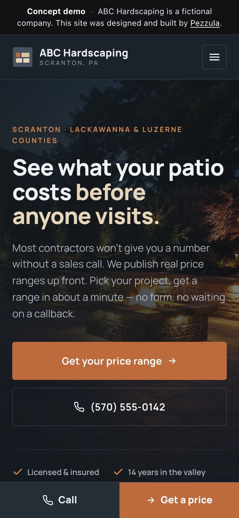 ABC Hardscaping — a hardscaping contractor website design concept by Pezzula — mobile view
