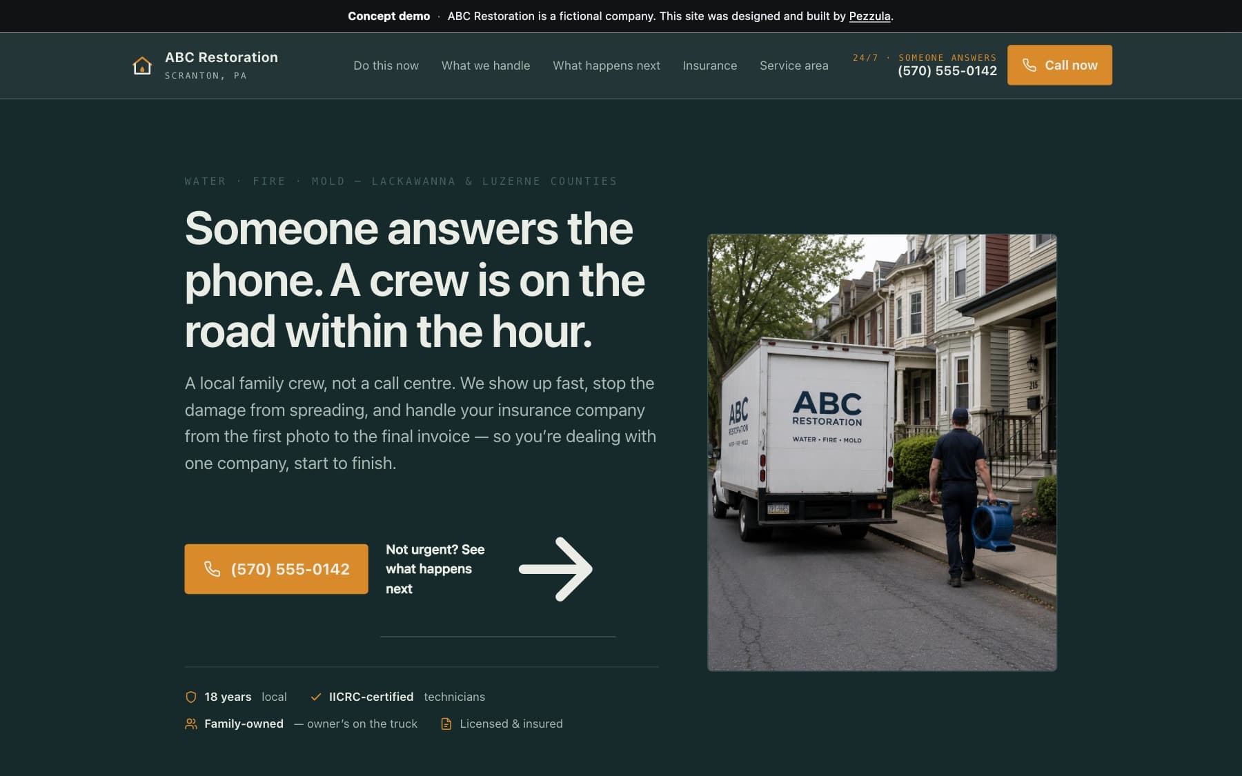 ABC Restoration — a water, fire, and mold restoration company website design concept by Pezzula