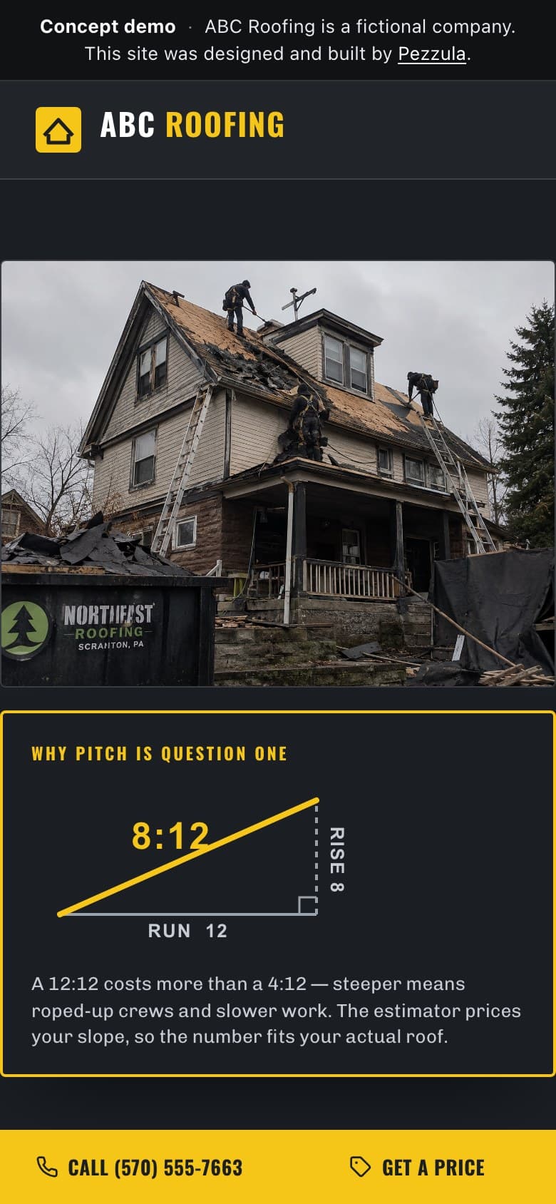 ABC Roofing — a roofing contractor website design concept by Pezzula — mobile view