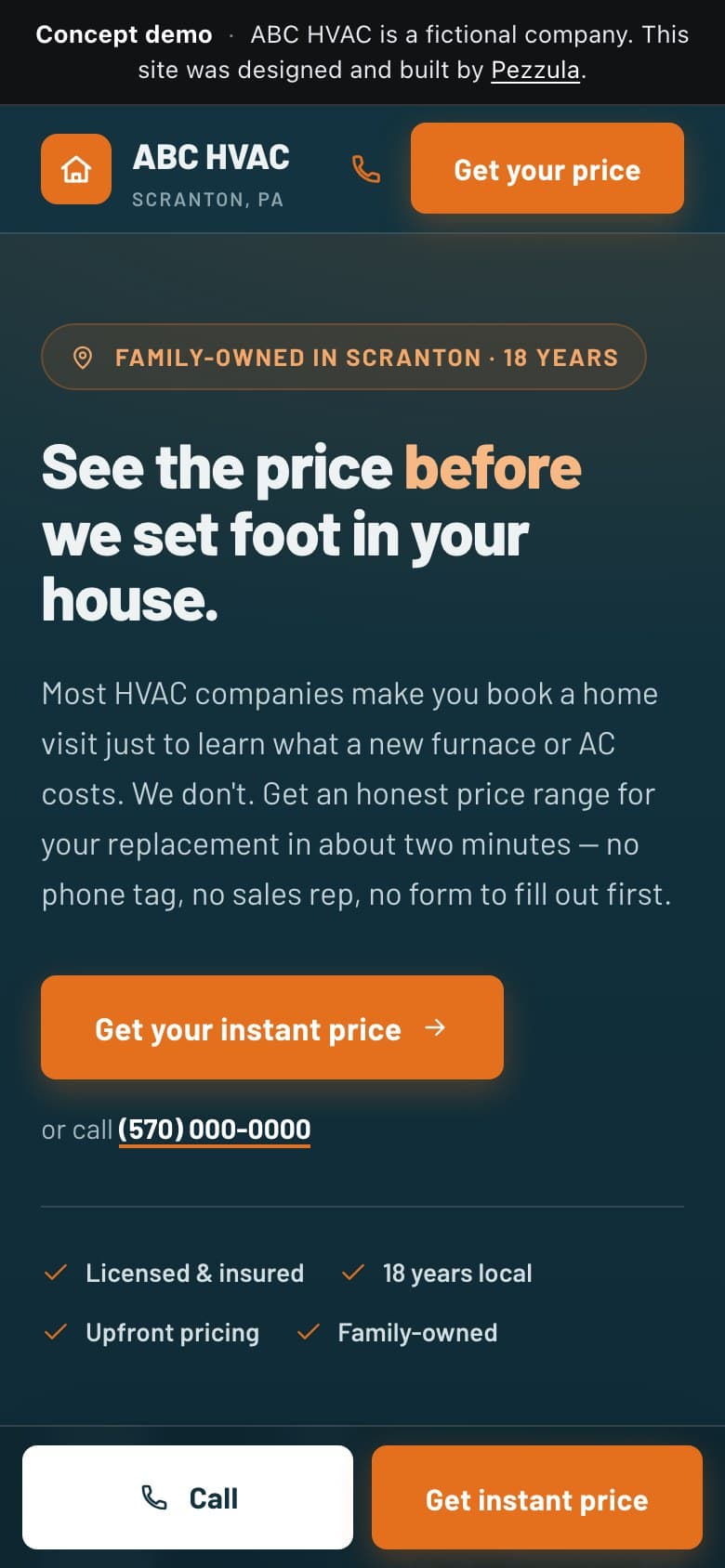 ABC HVAC — a HVAC contractor website design concept by Pezzula — mobile view