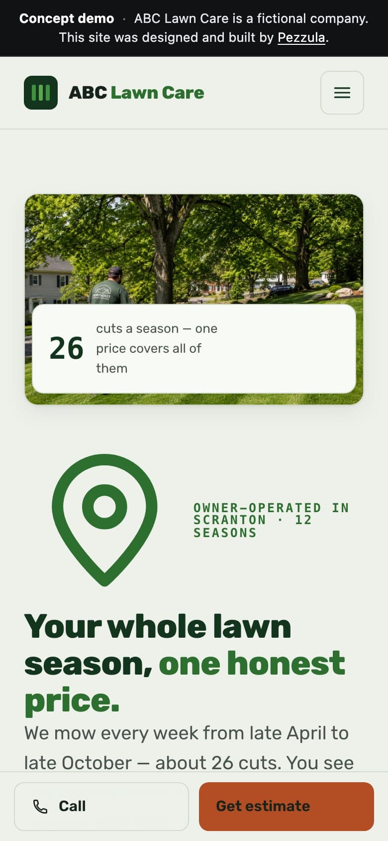 ABC Lawn Care — a lawn care company website design concept by Pezzula — mobile view
