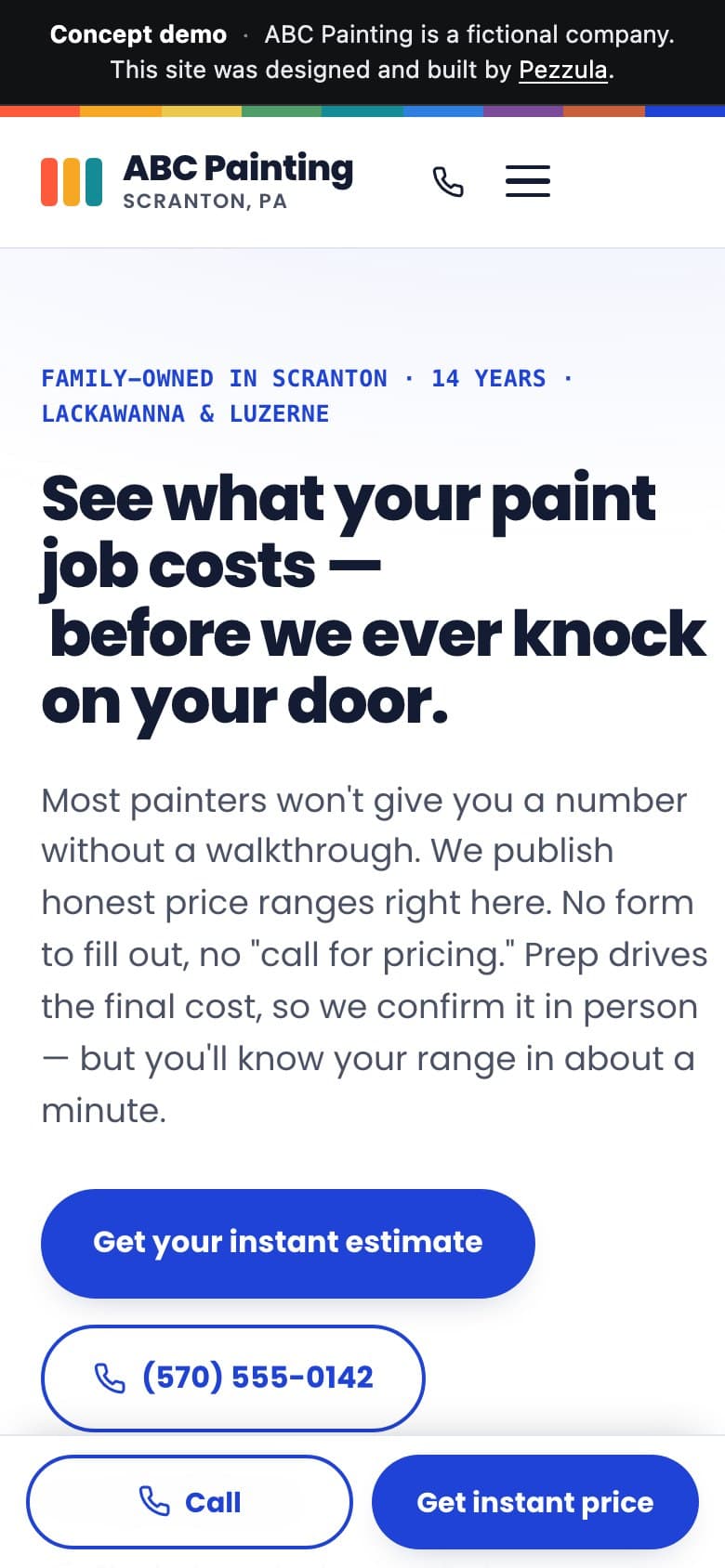 ABC Painting — a painting contractor website design concept by Pezzula — mobile view