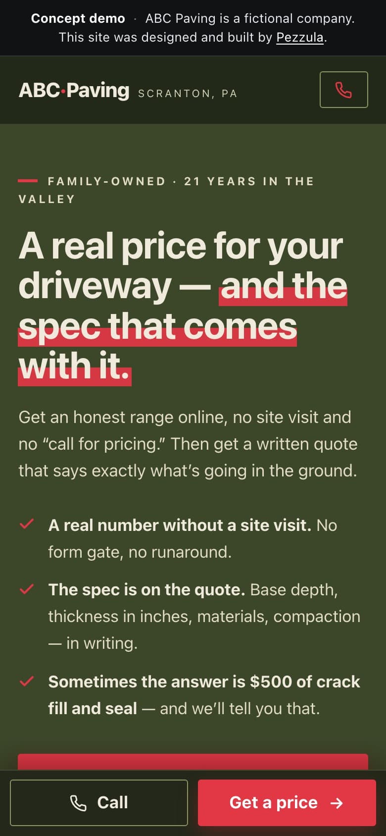 ABC Paving — a paving contractor website design concept by Pezzula — mobile view