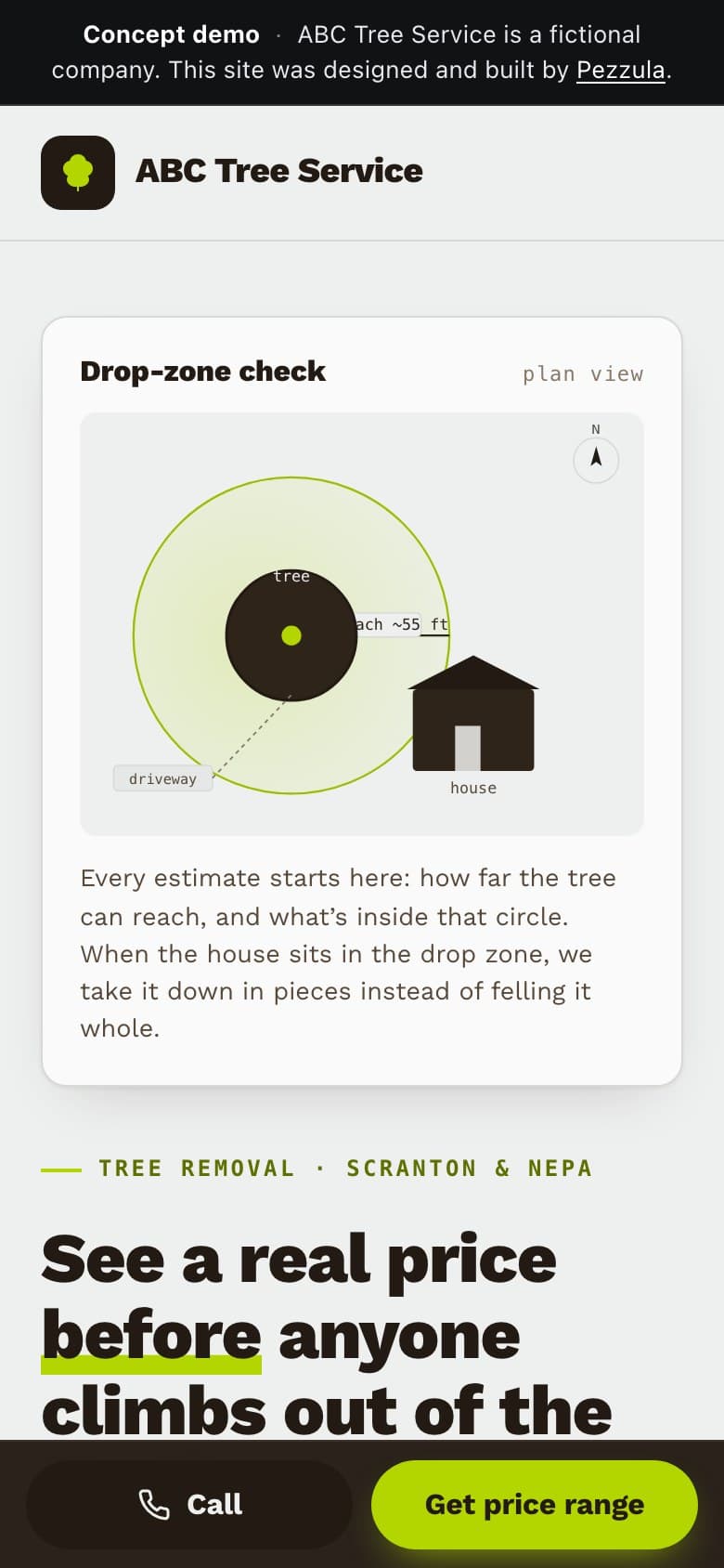 ABC Tree Service — a tree removal service website design concept by Pezzula — mobile view