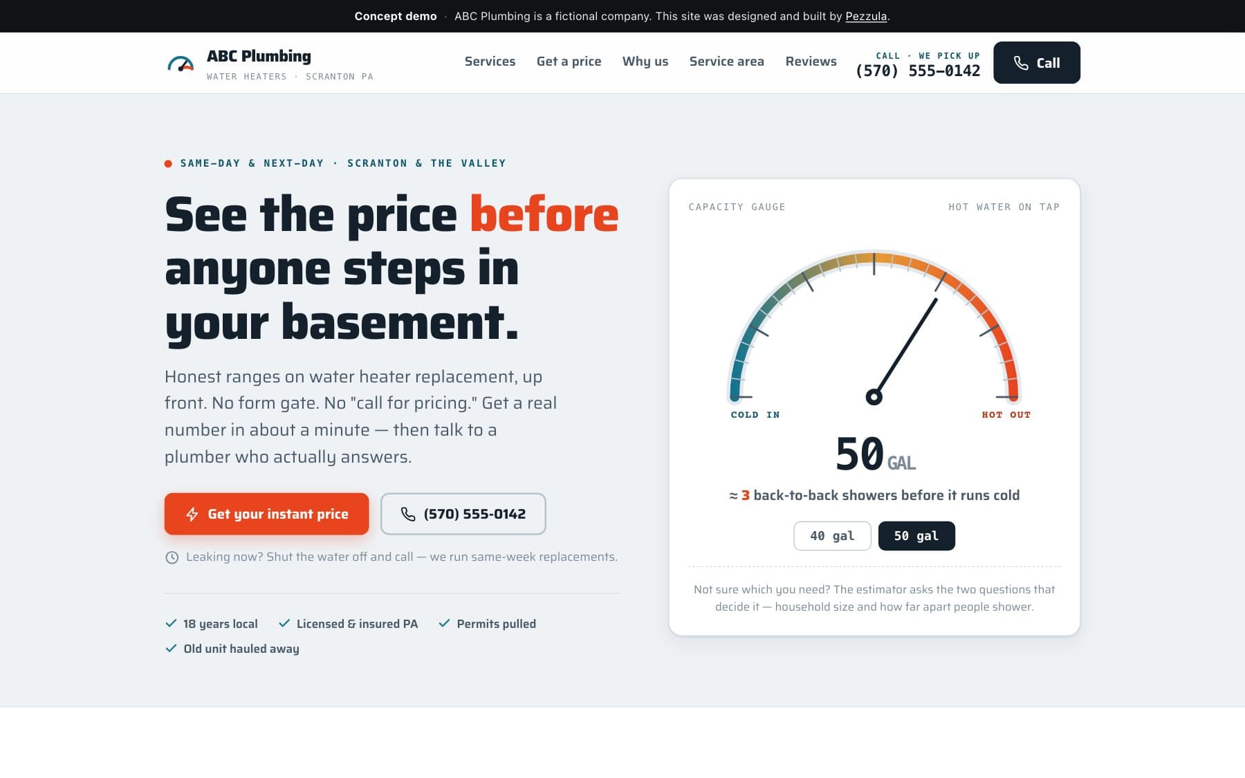 ABC Plumbing — a plumbing contractor website design concept by Pezzula